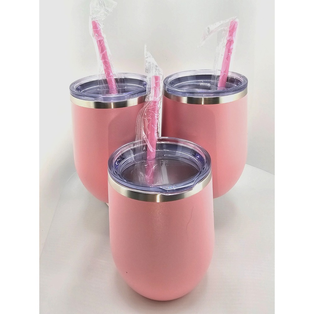 Lot of 3 Insulated Stainless Steel Stemless Wine Glass Tumblers 12oz Pink